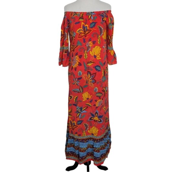 Lapogee Floral Maxi Dress Womens Size Small Orange Off Shoulder Boho Lightweight - Picture 1 of 11